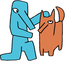 犬を撫でるソルト・グッドボーイ（ピノキオの様に長い鼻を持つ、全身が青いヒト）のイラスト